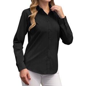 Siliteelon Luxury Women's Sz Large Black Long Sleeve Button Up Dress Shirt